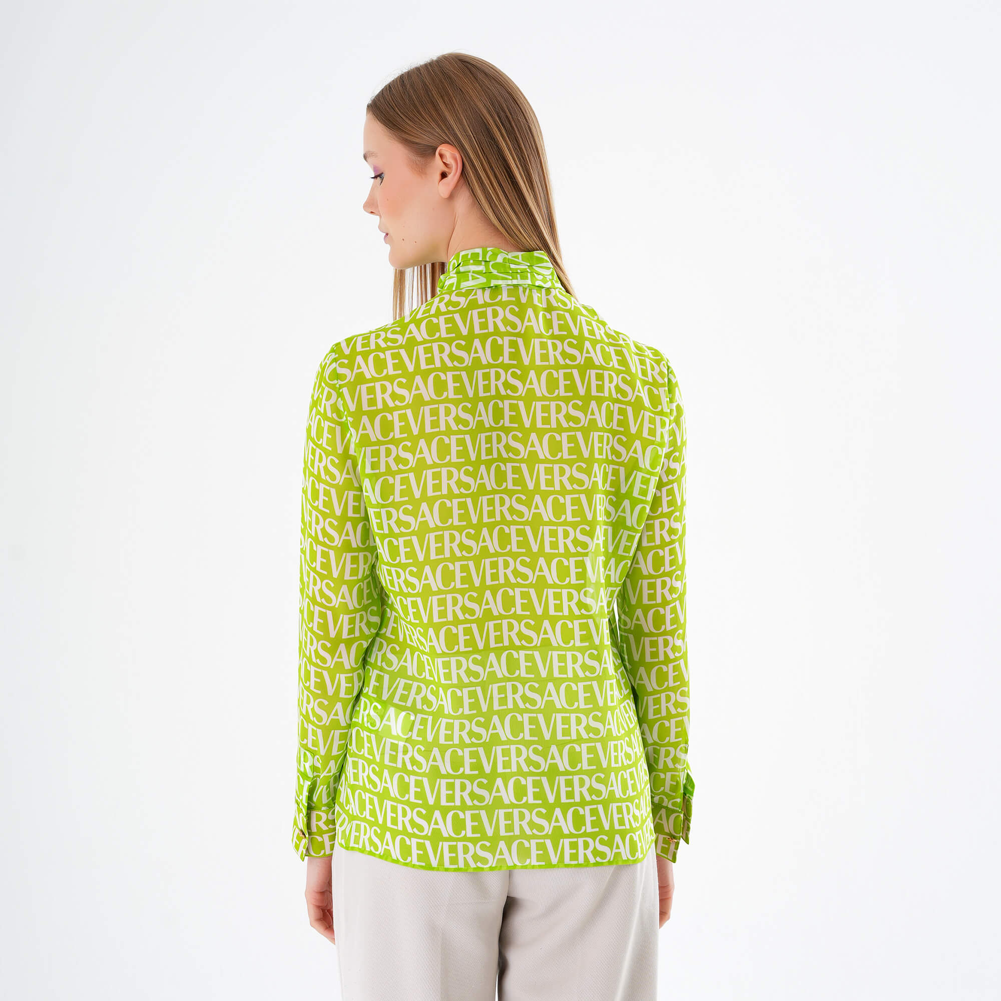 Versace - Logo Printed Silk Chiffon Blouse in Green IT42